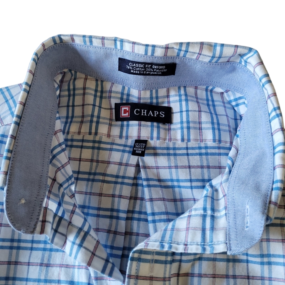 Chaps long sleeve full button collar plaid  front pocket mens dress shirt. - Picture 2 of 5
